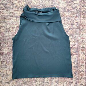 Zara Green Cowl Turtleneck Satin Blouse Top sz M